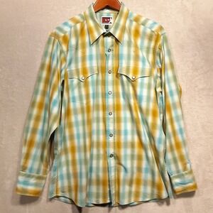 B&D by Panhandle Slim Mens LS Square Snap Button Shirt Sz.L/Blue Plaid/Western